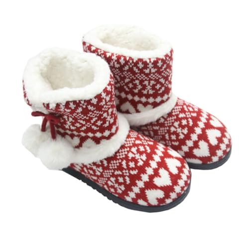 IMIKEYA Damen Hausschuhe Baumwolle Winter Pantoffeln mit Dickem Plüschfutter Rutschfeste Gummisohle Warm und Bequem für Innenbereich Weihnachten Muster Rot von IMIKEYA
