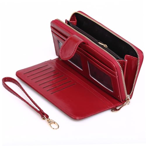 IMIKEYA Damen Langbörse aus ölgewachstem PU Material Langes Portemonnaie mit Reißverschluss und Druckverschluss Geräumiger Kartenhalter und Münzfach Eleganter Handgelenk Geldbeutel für von IMIKEYA