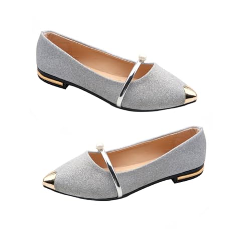 IMIKEYA Damen Pointed Toe Pumps mit Perlenbesatz Flache Nude Sommerschuhe rutschfeste Modische Ballerinas für Frauen für Büro Freizeit und Party Silberfarben von IMIKEYA