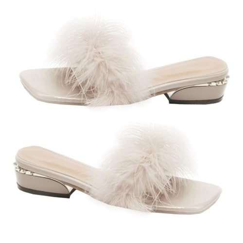 IMIKEYA Damen Slipper aus Wolle Atmungsaktive Sommerpantoletten mit Offenem Zehenbereich Niedrigem Blockabsatz Bequeme Hausschuhe für Alltag und Freizeit Beige von IMIKEYA