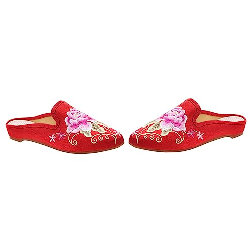 IMIKEYA Ethnische Damen Hausschuhe mit Spitzem Zehenbereich Bestickte Leichte Pantoletten Modische Stoff slipper in Rot Bequeme Strapazierfähige Sommerschuhe für Alltag und Zuhause von IMIKEYA