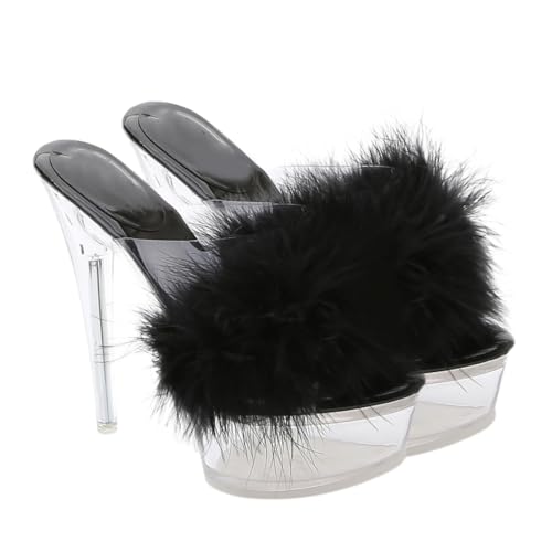 IMIKEYA Fluffy High Heel Slippers Damen Sandalen mit Dünnem Absatz Weiche Felloptik Hautfreundliches Material Transparente High Heels Bequeme Party und Geschenkidee Schwarz von IMIKEYA