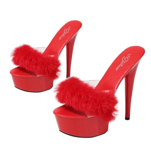 IMIKEYA Fluffy High Heels Damen Sandalen Rote Sommer Schuhe mit Weichem Dekor Bequeme Sohle Modische Pumps für Alltag und Party Geschenkidee von IMIKEYA