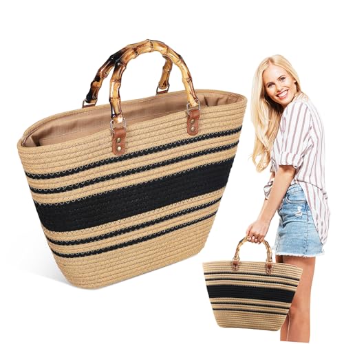 IMIKEYA Geflochtene Damen Strandtasche Leichte Geräumige Tote Bag Schultertasche für Sommer Vielseitig Einsetzbar für Reisen Einkaufen und Alltag Elegantes Design in Kaffee Schwarz von IMIKEYA