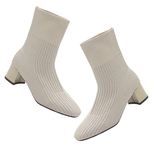 IMIKEYA Herbst Damen Stiefeletten mit Grobem Absatz Gestricktem Obermaterial Quadratischer Zehenpartie Atmungsaktiv Leicht und Langlebig Modisch für Alltag und Spaziergänge von IMIKEYA