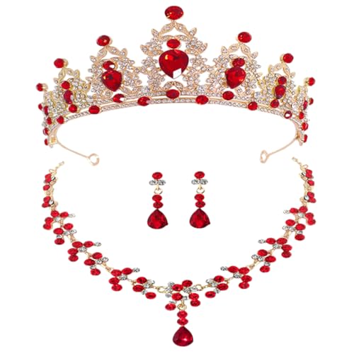 IMIKEYA Hochzeit Brautschmuck Gold Rot Tiara Halskette Ohrringe Elegantes Brautaccessoire Handwerk Langlebiges Design für Unvergessliche Hochzeitsfeier von IMIKEYA