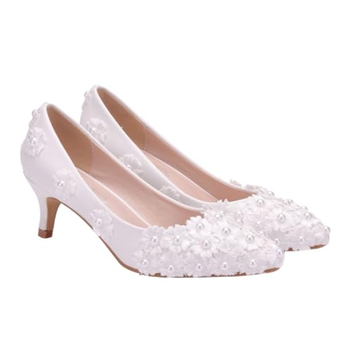 IMIKEYA Hochzeitsschuhe Damen Spitze Sandalen mit Romantischer Spitzenblume Rutschfeste PU Sohle Bequemer Fersenhalt für Hochzeitsfeier und Brautkleid Weiß von IMIKEYA