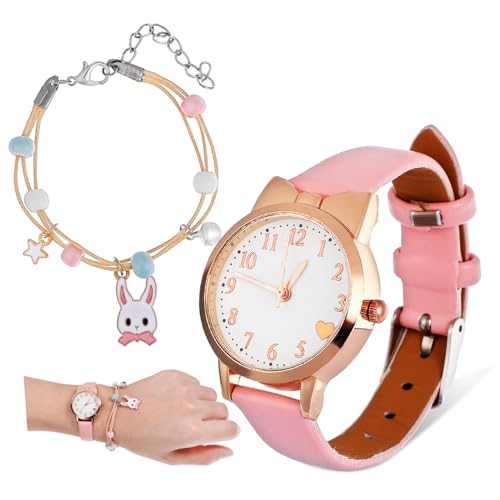 IMIKEYA Kinderuhr mit Niedlichem Cartoon Design und Rabbit Armband Quarzuhr für Mädchen für Kindergeburtstage und Feiertage Einfach Abzulesen Verstellbarer PU Riemen von IMIKEYA
