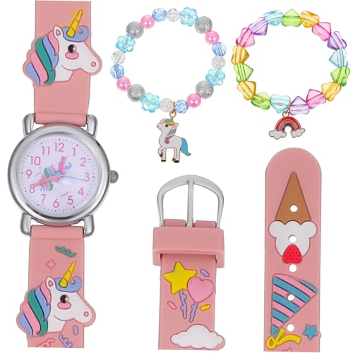 IMIKEYA Kinderuhr und Armband Set für Mädchen Quarzuhr mit Einhorn Anhänger Perlen und Regenbogen Herz Armbänder Leichtes Schmuckset für Geschenkidee für Geburtstag und Alltag von IMIKEYA