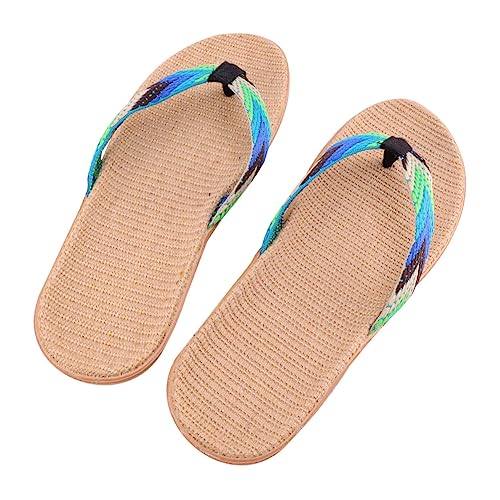 IMIKEYA Lässige Rutschfeste Leinen Woven Flip Flops für Damen und Herren Flache Hausschuhe mit Bequemem Fußbett Strand und Freizeitschuhe in Blau Grün von IMIKEYA