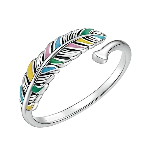 IMIKEYA Offener Fingerring Silber mit Farbigem Federdesign Verstellbar und Elegant Perfekter Modeschmuck für Frauen für Besondere Anlässe und Alltag von IMIKEYA