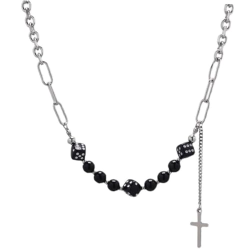IMIKEYA Punk Damen Halskette Würfel Perlen Choker mit Kreuz Anhänger Titanlegierung für Freundin Geburtstag Hip Hop Stil Verstellbar Leicht und Robust von IMIKEYA
