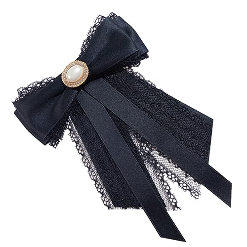 IMIKEYA Schwarze Spitzen Perlen Brosche Schleifen Kragen Schmuck für Damen Vorgebundene Fliege mit Sicherem Verschluss Elegantes Accessoire für Bluse Hemd und Party von IMIKEYA
