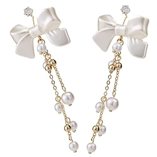 IMIKEYA Silber Damen Ohrringe Perlenohrringe mit Schleifen Design Lange Tassel Ohrhänger Ohrschmuck für Party Alltag und Besondere Anlässe von IMIKEYA