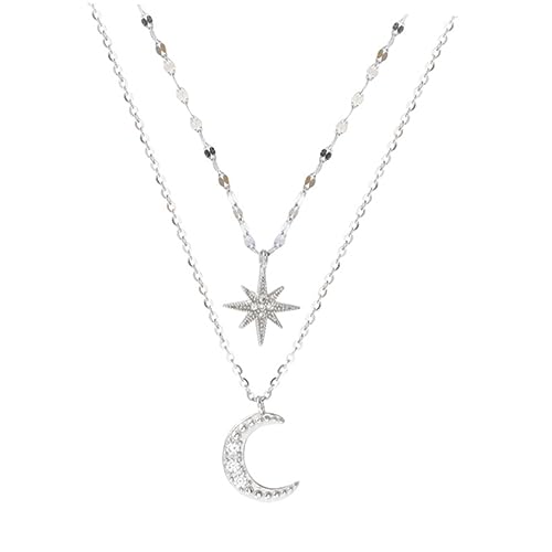 IMIKEYA Silber Doppel Layer Halskette mit Funkelnden Stern und Mondanhängern Elegantes Schmuckstück für Damen für Besondere Anlässe und Tägliches Tragen von IMIKEYA