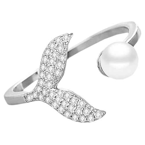 IMIKEYA Verstellbarer Damenring mit Meerjungfrauenschwanz und Perle Modischer Offener Schmuckring für Mädchen Langlebiger Legierungsring für Hochzeit Geburtstag Alltag von IMIKEYA