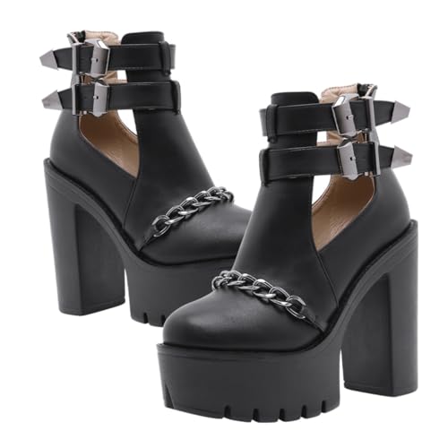 IMIKEYA Wasserdichte Damen Stiefeletten mit Nieten und Ketten Dicker Plateauabsatz Hoher Blockabsatz Modische Ankle Boots für Alltag und Herbst Rutschfest und Atmungsaktiv Schwarz von IMIKEYA