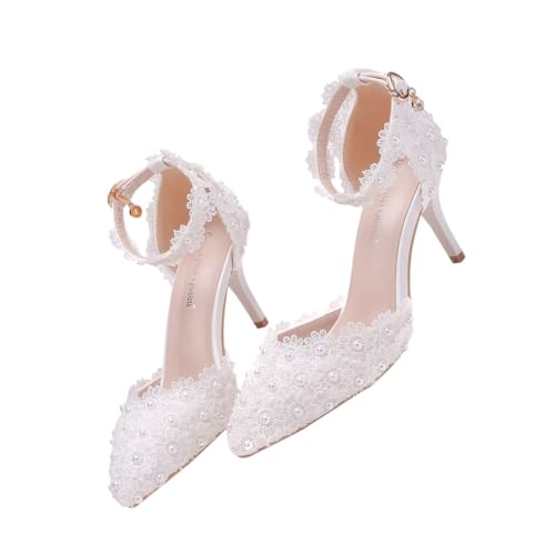 IMIKEYA Weiße Brautschuhe mit Absatz Spitze Zehen Riemchen Sandalette aus PU Hochzeitsschuhe für Damen für Party und Festliche Anlässe von IMIKEYA