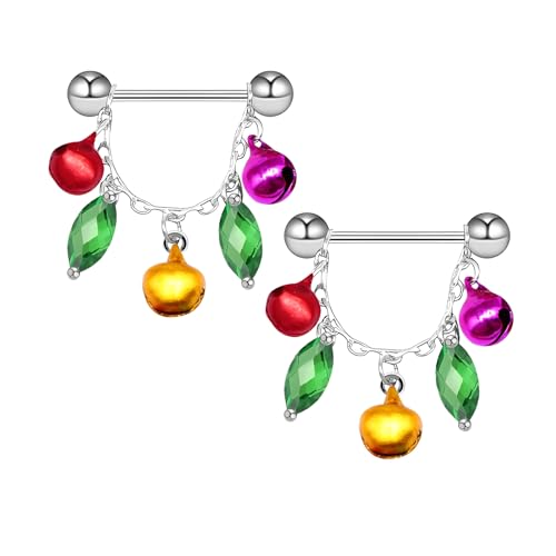 14G Quaste Jingle Bell Nipplerings Barbells für Frauen - Chirurgenstahl Festlicher Körperschmuck mit Rot Grün Rosa Akzenten Hypoallergen Nippel Shield Ringe Piercing Geschenk, M, Edelstahl, Kein von IMINI