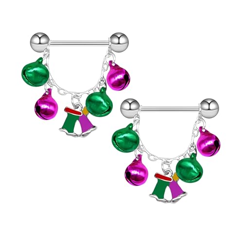 14G Quaste Jingle Bell Nipplerings Barbells für Frauen - Chirurgenstahl Festlicher Körperschmuck mit Rot Grün Rosa Akzenten Hypoallergen Nippel Shield Ringe Piercing Geschenk, M, Edelstahl, Kein von IMINI