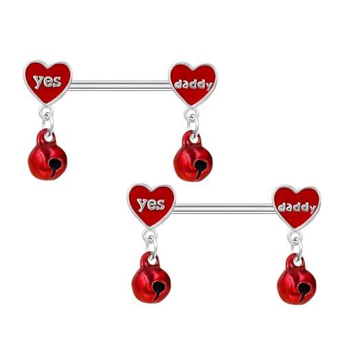 14G Red Heart Bells Nipple Rings - Stainless Steel Body Jewellery with Text Charms & Dangles, Hypoallergenic Barbell Piercing Gifts for Women von IMINI