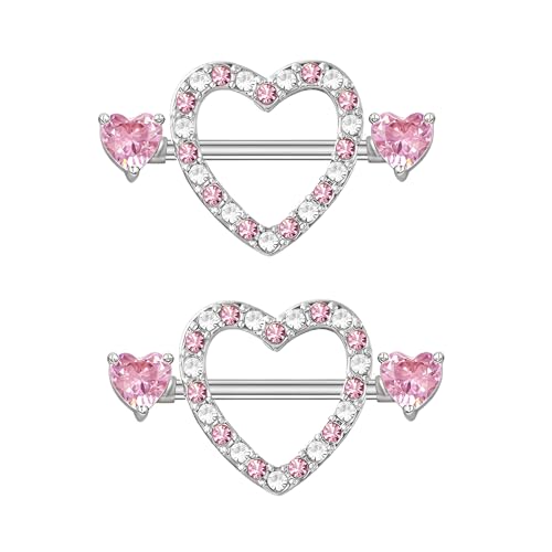 14G Rosa Kristall Herz Nippelringe - Hypoallergenes Edelstahl Barbell Piercing Zirkonia Körperschmuck Geschenk für Frauen von IMINI