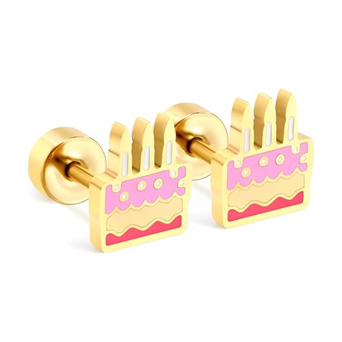 20 g Geburtstagskuchen Stift Ohrringe für Frauen Mädchen | 14 k vergoldete hypoallergene Schmuck | flache Schraube zurück Mini piercing Geschenk für Tochter | Rosa Emaille süße Weihnachten und, Small, von IMINI