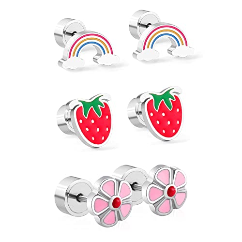 20g Erdbeerblume Regenbogen Tiny Kleine Ohrstecker Ohrringe für Frauen Mädchen Knorpel Tragus Flacher Rücken Niedliche Edelstahl Piercing Mode Schmuck Geschenke Geburtstag Weihnachten 3 Paare Set von IMINI