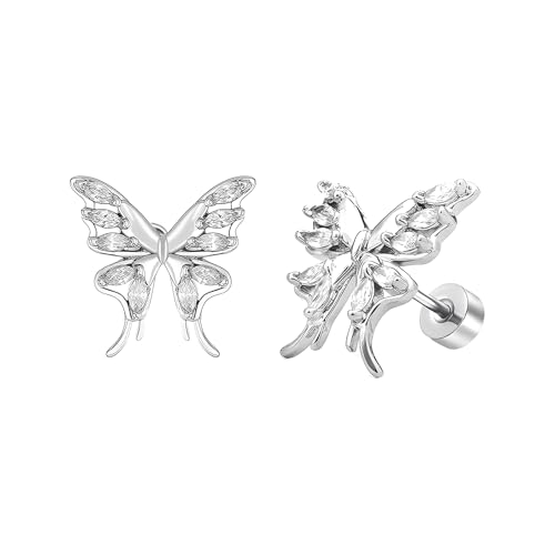 20g Schmetterling Ohrstecker für Frauen Hypoallergen Edelstahl mit Zirkonia Zierliche flache Schraube zurück Knorpel Tragus Piercing Schmuck Geschenk für Hochzeit Abschluss von IMINI