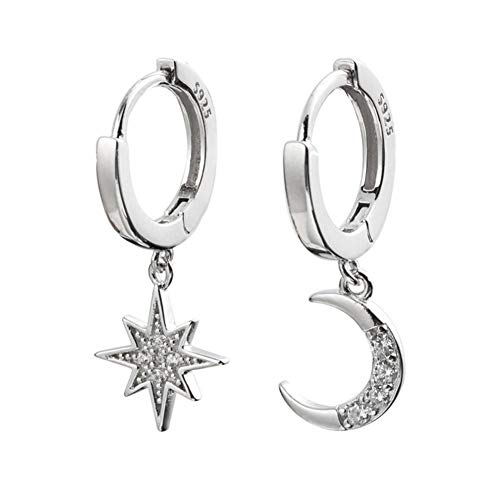 CZ Mond Stern Baumeln Kleine Creolen für Frauen Mädchen Sterling Silber Charms Kristall Asymmetrische Schneeflocke Halbmond Tropfen Mini Knorpel Clip Schmuck Zarte Mode Geburtstag Geschenke von IMINI