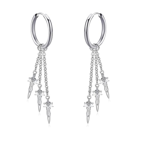 Dolch Creolen Manschette Ohrringe für Wen Frauen Hypoallergen Edelstahl Dangle Drop Nicht Piercing Clip On Schwert Charm Kette Quaste Punk Hip Hop Gothic Schmuck Geschenk, M, Edelstahl, Kein Edelstein von IMINI