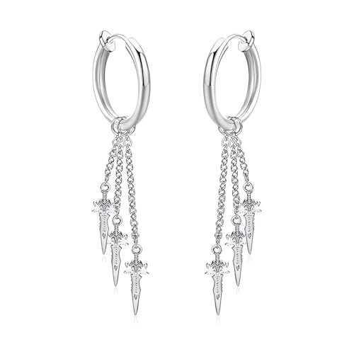 Dolch Creolen Manschette Ohrringe für Wen Frauen Hypoallergen Edelstahl Dangle Drop Nicht Piercing Clip On Schwert Charm Kette Quaste Punk Hip Hop Gothic Schmuck Geschenk, M, Edelstahl, Kein Edelstein von IMINI