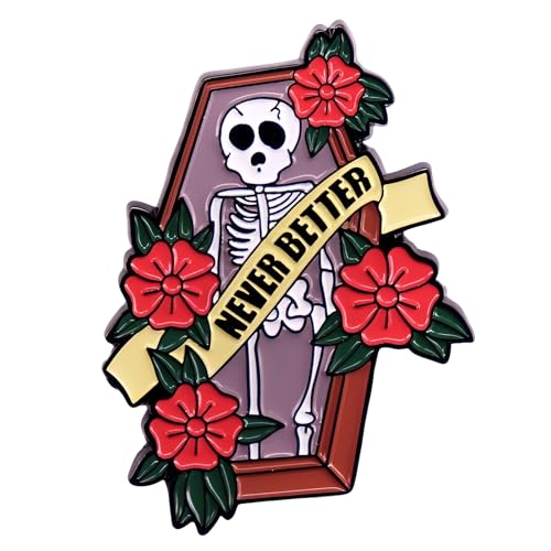 Gothic Sarg Skelett Emaille Pin Brosche für Damen Herren Rot Blumenmuster mit "Never Better" Banner für alternative Modeaccessoires von IMINI