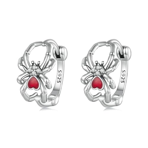 Halloween Spinne Huggie Creolen 925 Sterling Silber Zirkonia Rote Herz Spinne Kleine Creolen Knorpel Ohrringe Piercing Urlaub Ohrschmuck für Frauen von IMINI