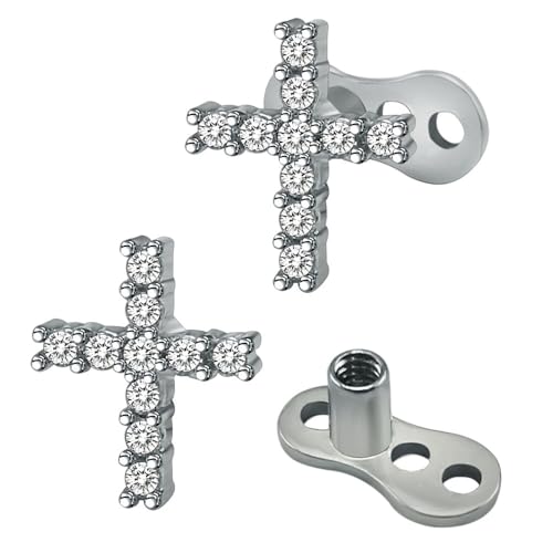 IMINI 2 Stück 14G Dermal Anchor - Kreuz & Stab Tops mit Chirurgenstahl Basis, hypoallergener Cubic Zirkonia Innengewinde Mikrodermale Körperpiercings Ohrstecker Schmuck für Damen & Herren, S von IMINI