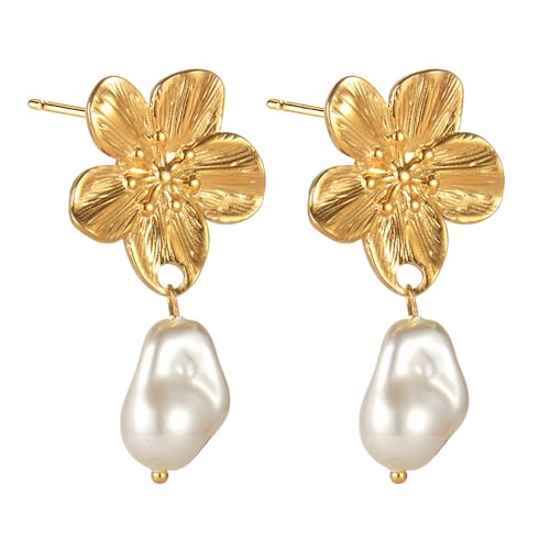 IMINI Böhmische Goldene Blumen Ohrringe für Damen und Mädchen Edelstahl Barocke Perlen Baumelnde Ohrstecker 14 Karat Vergoldet Eleganter Ohrschmuck für den Muttertag von IMINI