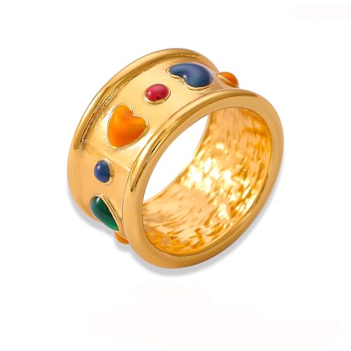IMINI Bunt Herz Ring Band für Damen Mädchen Herren Edelstahl Statement-Ring Liebesherz Breites Dickes Fingerband Stapelbare Ringe Verlobungsversprechen Ringbänder (Gold, 6) von IMINI