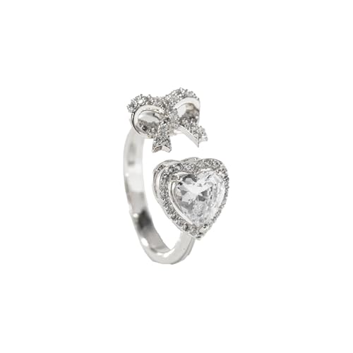 IMINI Daimond Herz Schleife Finger Ring für Damen Mädchen Glänzender CZ Kristall Offener Statement Ring Schleife Knotenband Liebesherz Ewigkeitsversprechen Ehe Ring Band Modeschmuck (Silber) von IMINI