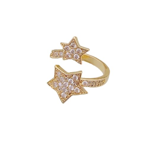 IMINI Doppel Sterne Offener Statement Ring für Damen Mädchen Strass CZ Wickel Finger Stern Ewigkeits Versprechensringe Verlobungsring Band Zierlicher Schmuck (Gold) von IMINI