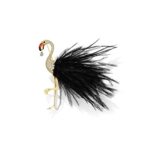IMINI Flamingo Brosche mit Rosa Feder für Damen Mädchen CZ-Kristall Große Tier-Abzeichen-Brosche Anstecknadel Stoffkleid Anzug Krawatte Accessoires Schmuck (Schwarz) von IMINI