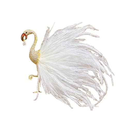 IMINI Flamingo Brosche mit Rosa Feder für Damen Mädchen CZ-Kristall Große Tier-Abzeichen-Brosche Anstecknadel Stoffkleid Anzug Krawatte Accessoires Schmuck (Weiß) von IMINI