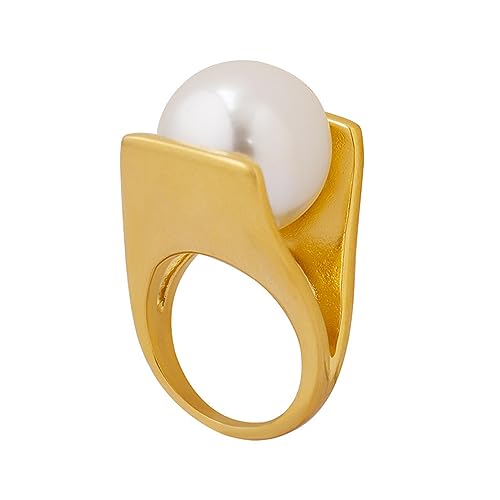 IMINI Großer Perle Ring für Frauen und Mädchen Perlenring Klobiges Finger Band Statement Ringe Verlobungsringe Edelstahl (Gold, 7) von IMINI