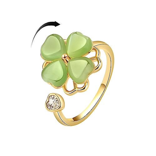 IMINI Grüner vierblättriger Kleeblatt-Spinner-Ring CZ Liebe Herz Katzenauge Stein Blume Stapeln verstellbar offen Relief Stress Fidget Fingerbänder Versprechen Ewigkeit zierlicher Glücksschmuck von IMINI