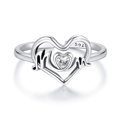 IMINI Herz Ring für Mutter 925 Sterling Silber CZ Mom Kristall Verstellbarer Statement Ring Fingerring Offen für Damen von IMINI