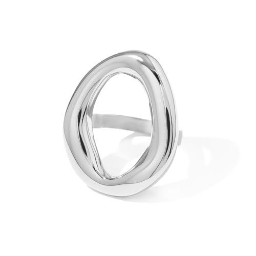 IMINI Hohl Oval Geformte Klobige Statement Ring für Damen Edelstahl Unregelmäßiger Dicker Klobiger Goldfingerband Stapelbare Ringe Geometrischer Ring Minimalistischer Schmuck (Silber, 7) von IMINI