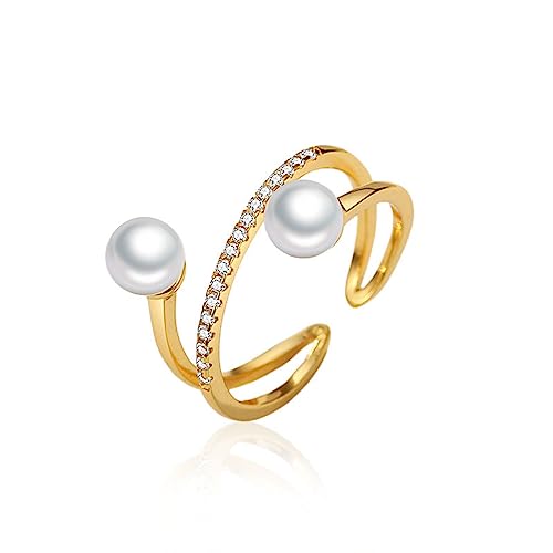 IMINI Perle Ring Silber 925 für Damen Mädchen Zirkonia Perlenring Offene Verstellbar Ring Band Vertrauensring Fingerring Promise Ringe (Gold) von IMINI