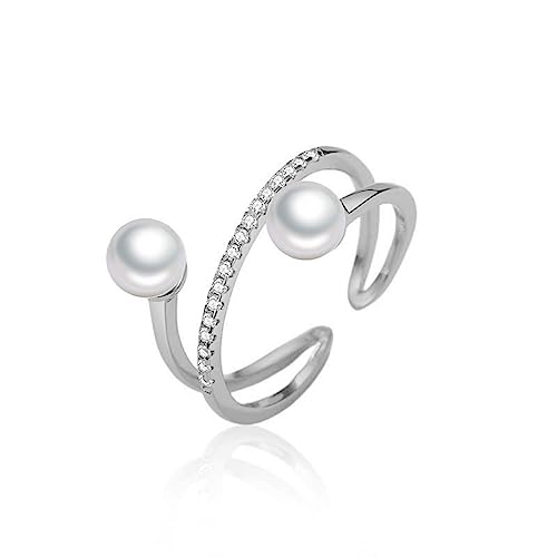 IMINI Perle Ring Silber 925 für Damen Mädchen Zirkonia Perlenring Offene Verstellbar Ring Band Vertrauensring Fingerring Promise Ringe (Silber) von IMINI