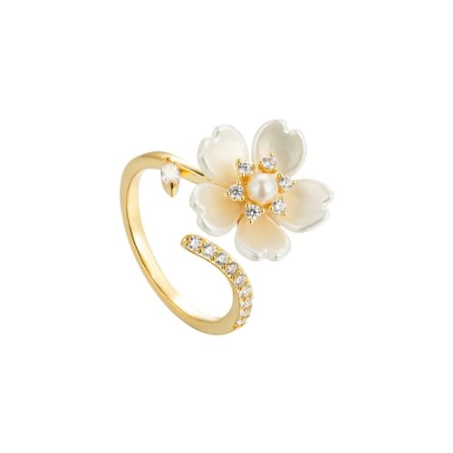 IMINI Perlen Blume Offener Statement-Ring für Damen Mädchen 14 Karat Gold Gefüllt Kubischem Zirkonia Blatt-Wickelring Fingerring Verlobungsring Ehering Zierlicher Schmuck Geschenk von IMINI