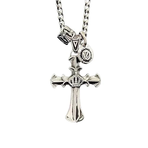 IMINI Punk Krone Kreuz Anhänger Halskette für Männer Frauen Vintage Kruzifix Charm mit Zylinder Runde Scheibe Design 60cm Edelstahl Kette Unisex Religiöser Schmuck Geschenk von IMINI