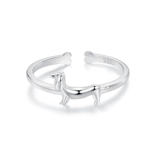 IMINI Silber 925 Offene Ringe mit Süßem Dackel Statement-Ring Tierische Stapelringe Hund Fingerband Verstellbare Ringe für Damen und Mädchen Modeschmuck von IMINI